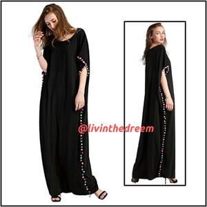 PITUSA  Black Pink Pom Pom  Caftan Long Caftan Size Petite $129